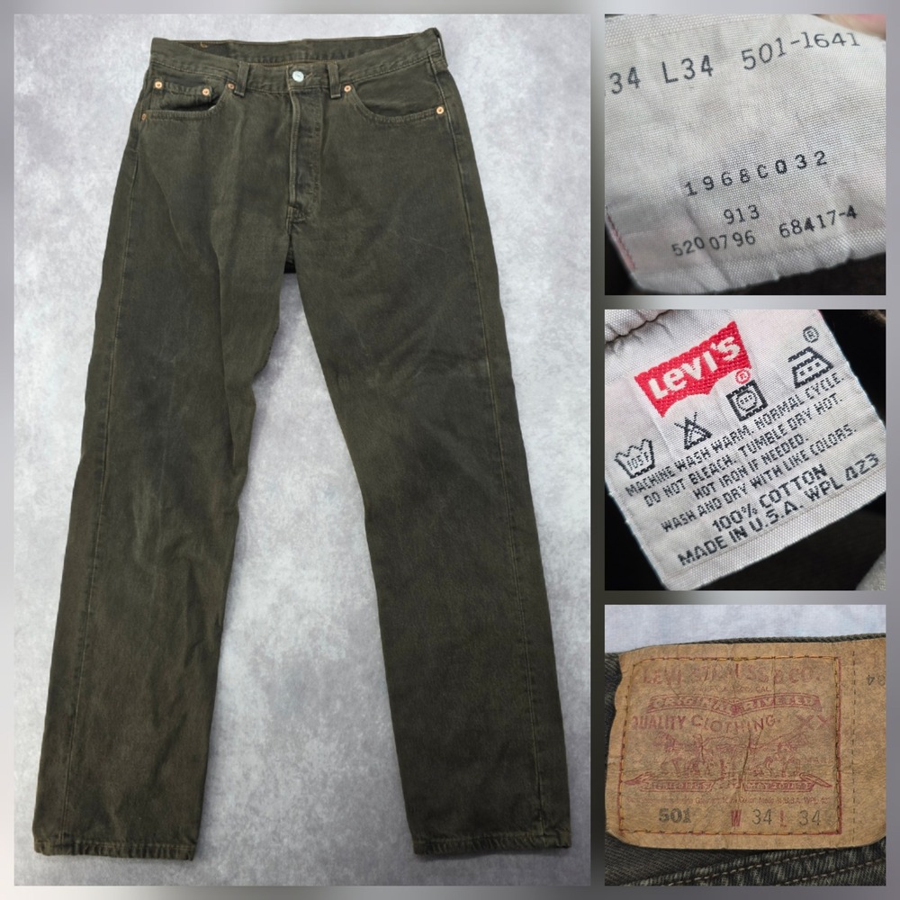 Vintage Levis 501 Olive Green Jeans 34x34 Made in USA 90s Button Fly Fits 34x33